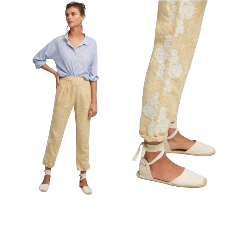 Anthropologie Size Large 100% Linen Yellow Stripe White Embroidered Pants Crop - Picture 2 of 13